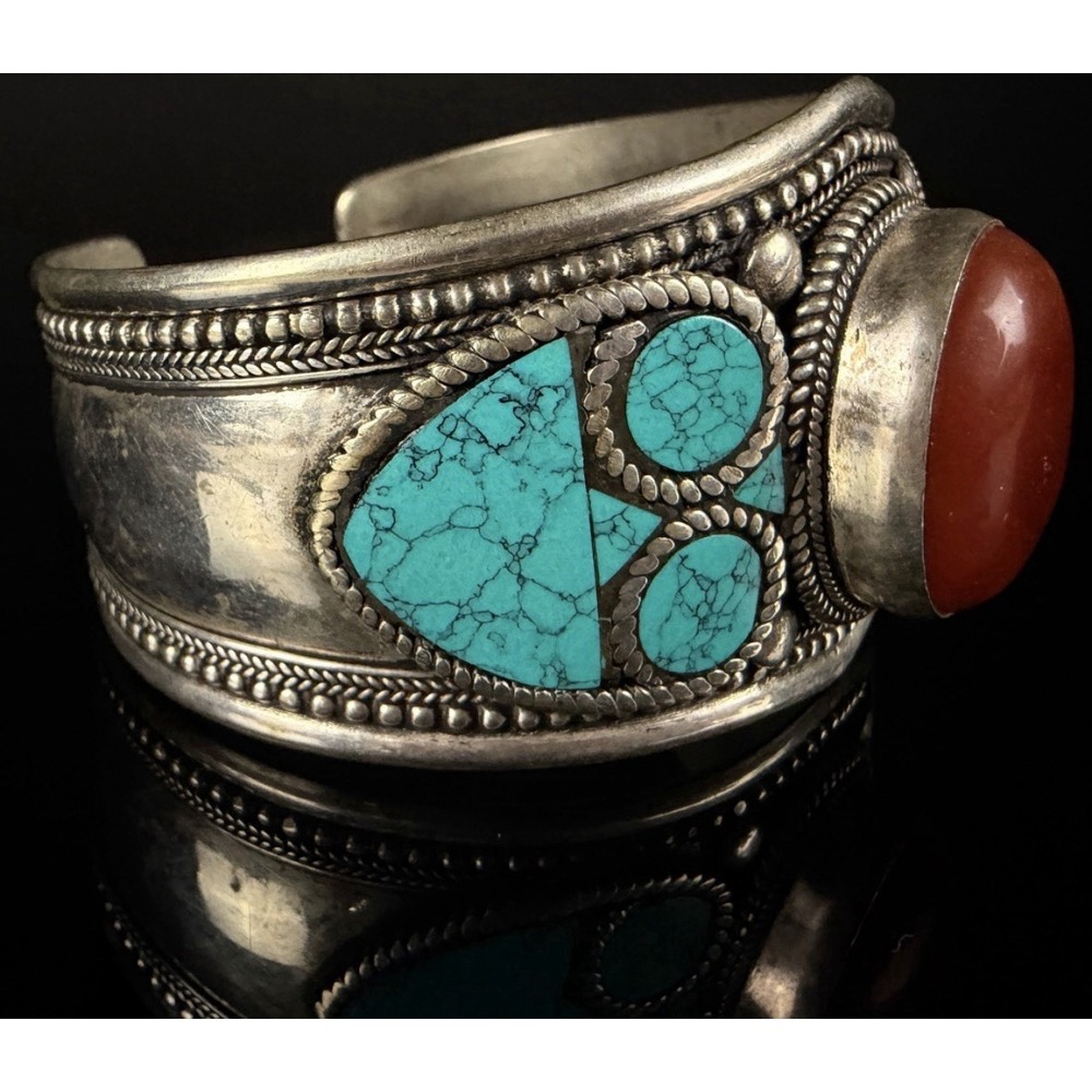 Antique Tibetan Nepali Cuff Bracelet Carnelian Turquoise Inlay Coin Silver 53g - Picture 3 of 5